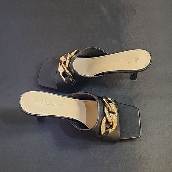 BRAND NEW SHOELAND SQUARE TOE SLIP-ON FOOT OPEN TOE GOLD CHAIN LINKING S… - Picture 8 of 15